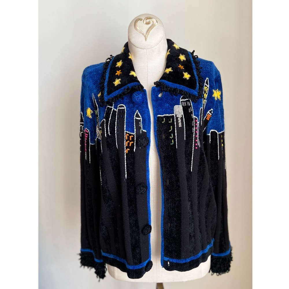 Vintage BEREK Skyline Cardigan Sweater Art To Wear Rare Small Stars Chenille